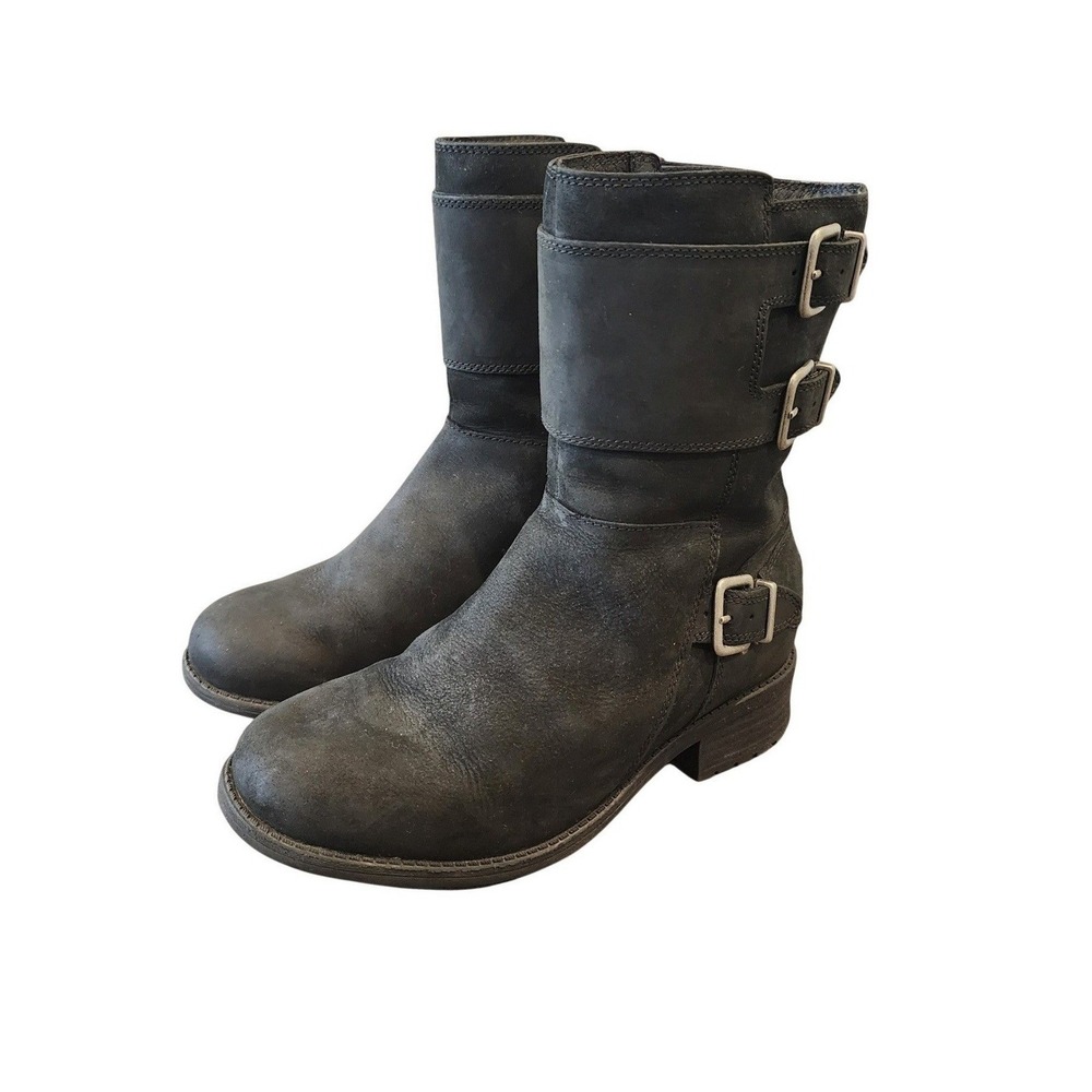 UGG Simmens Black Leather Suede Moto Waterproof Boots Moto Grunge Womens Size 6